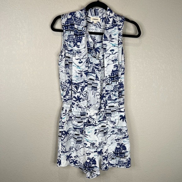 L'AGENCE Women's Behati Printed Silk Romper One Piece In White/Blue Size 2 - Picture 1 of 14